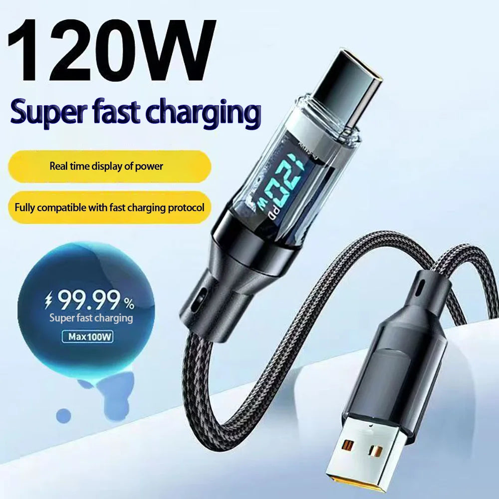 120W USB to Type C Cable Phone Super Fast Charging Cable With LED Display 100W Type-C To Type-C Data Cord For Huawei Oppo Vivo